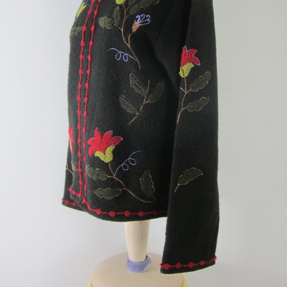 Tally Ho Womens S Black Boiled Wool Floral Full Zip Long Sleeve Jacket Cardigan - Picture 14 of 16